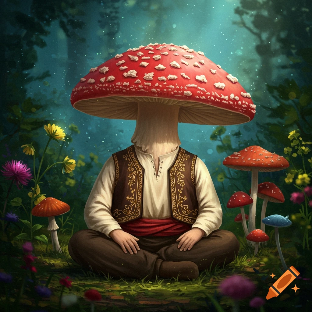 Mushroom-headed man in traditional attire sits cross-legged in a vibrant, magical forest, digital painting.