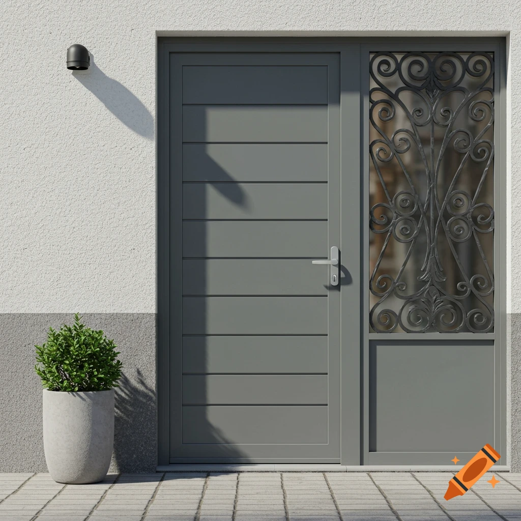 A modern gray aluminum door with a decorative iron gridded side panel on a white stucco wall, with a potted plant.