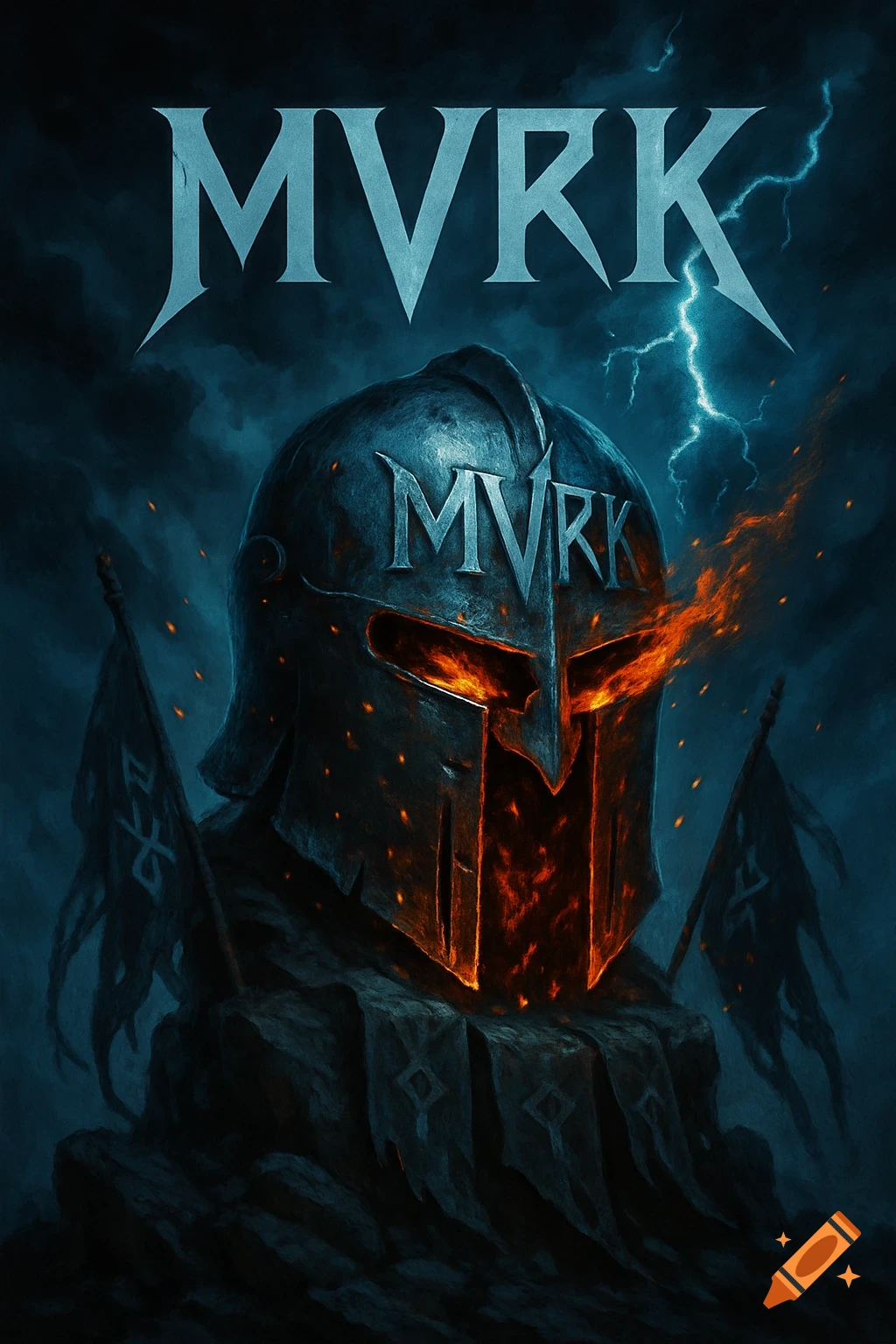 Dark, stylized heavy metal album cover art featuring a fiery warrior helmet with 'MVRK' text, lightning, and stormy skies.