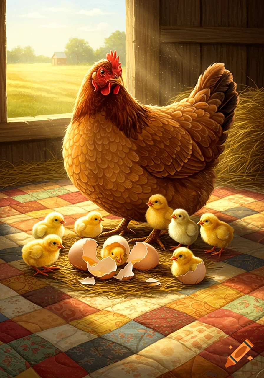 A proud brown hen watches her yellow chicks, some hatching from eggs, on a patchwork floor inside a sunlit barn.