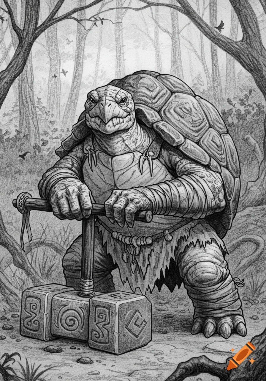Pencil drawing of a muscular tortle barbarian holding a large stone hammer in a forest setting.