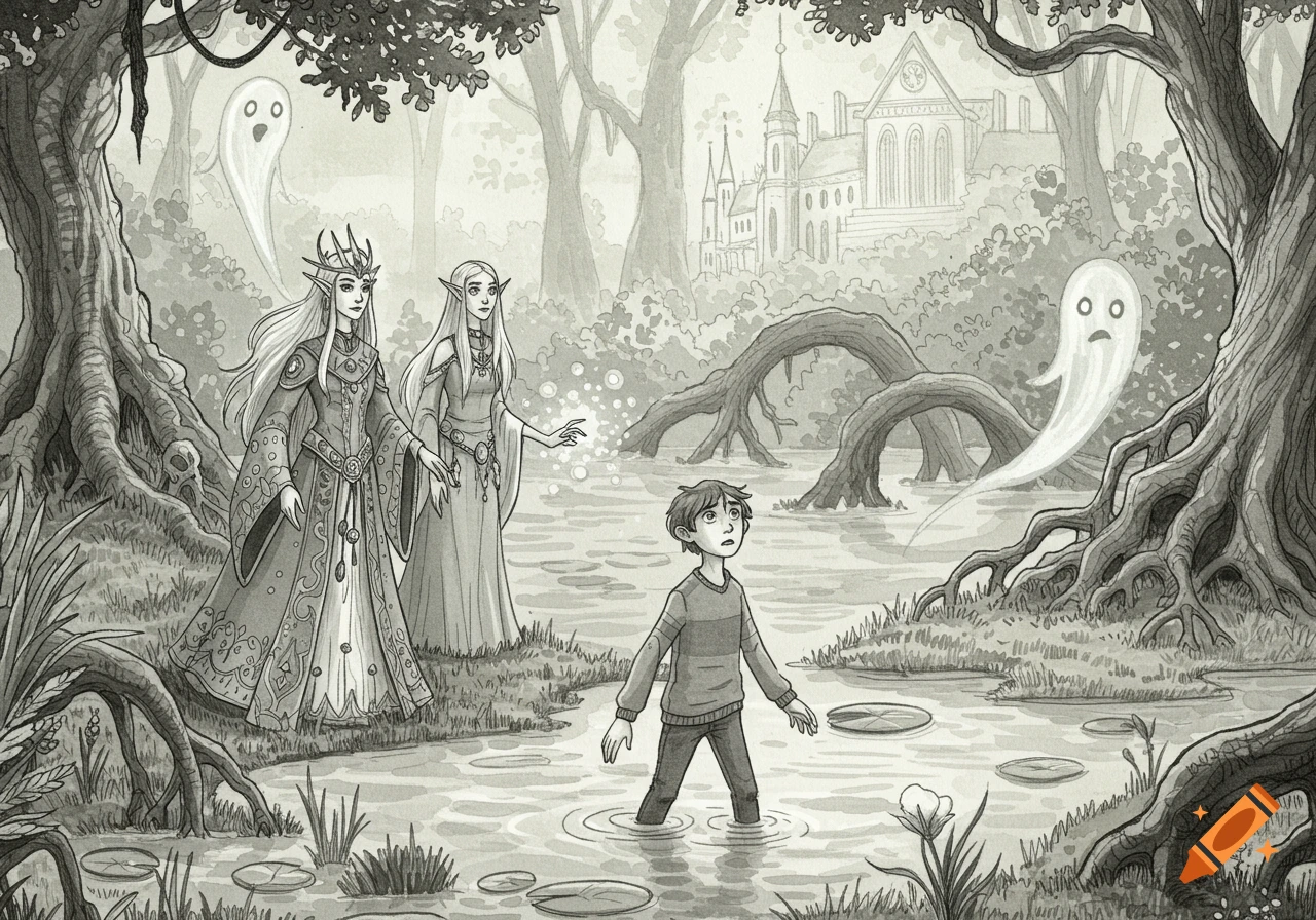 India ink drawing of a boy in a swamp with two mages, ghosts, and a distant castle.