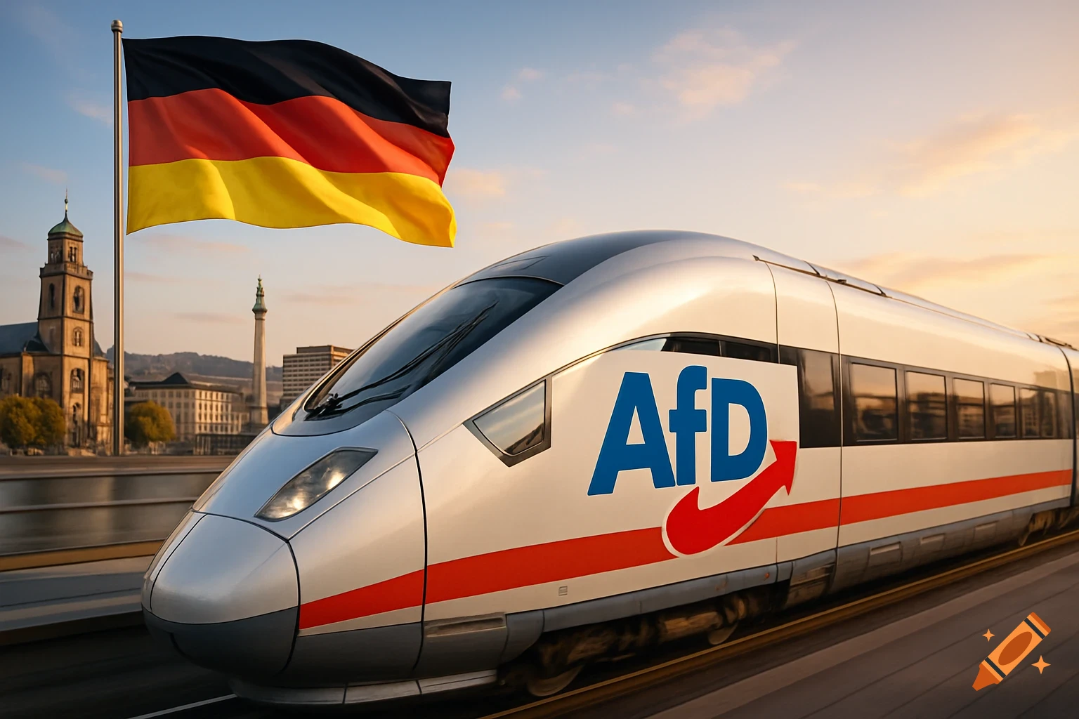 A modern silver train with a blue 'AfD' logo and a German flag on a pole in a city background at sunset.