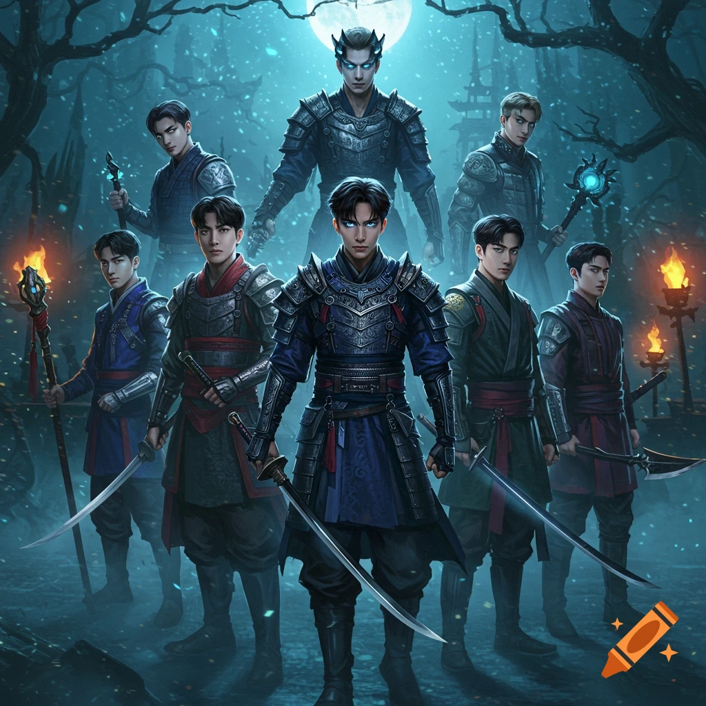 A group of seven male warriors with glowing eyes and armor stand in a dark, moonlit fantasy forest, holding swords and staffs.