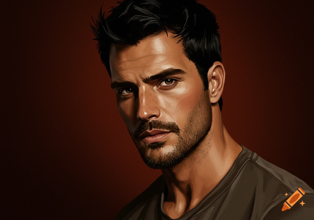 Digital art portrait of a man with black hair, a stubble beard, and brown eyes against a dark red background.