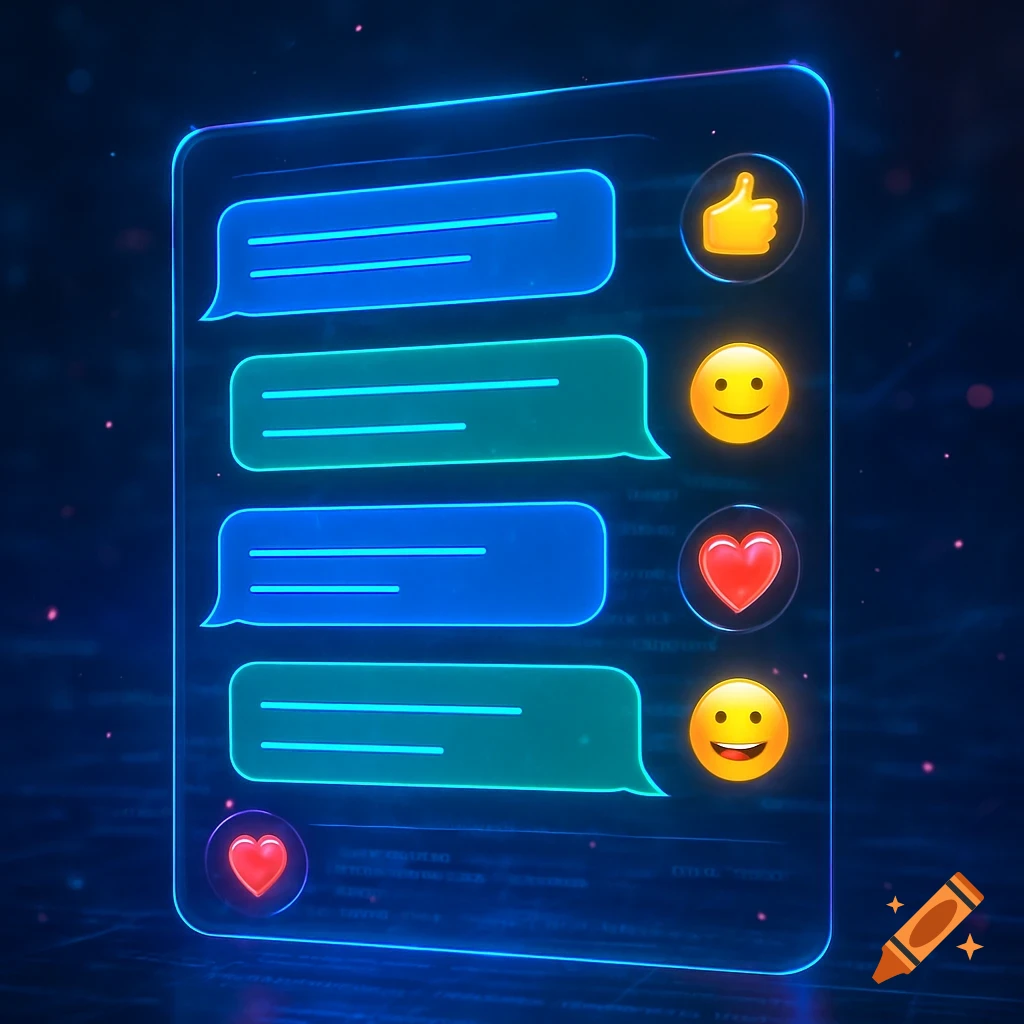 A neon-lit futuristic chat log display with blue and green message bubbles and emojis on a dark digital background.