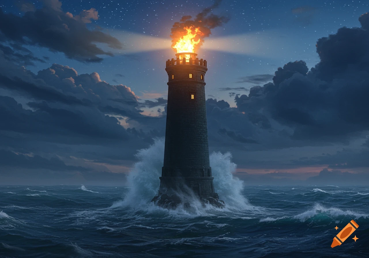 Photorealistic depiction of a tall stone lighthouse with a large flame on its top, amidst a dark, stormy ocean at night under a cloudy, starry sky.