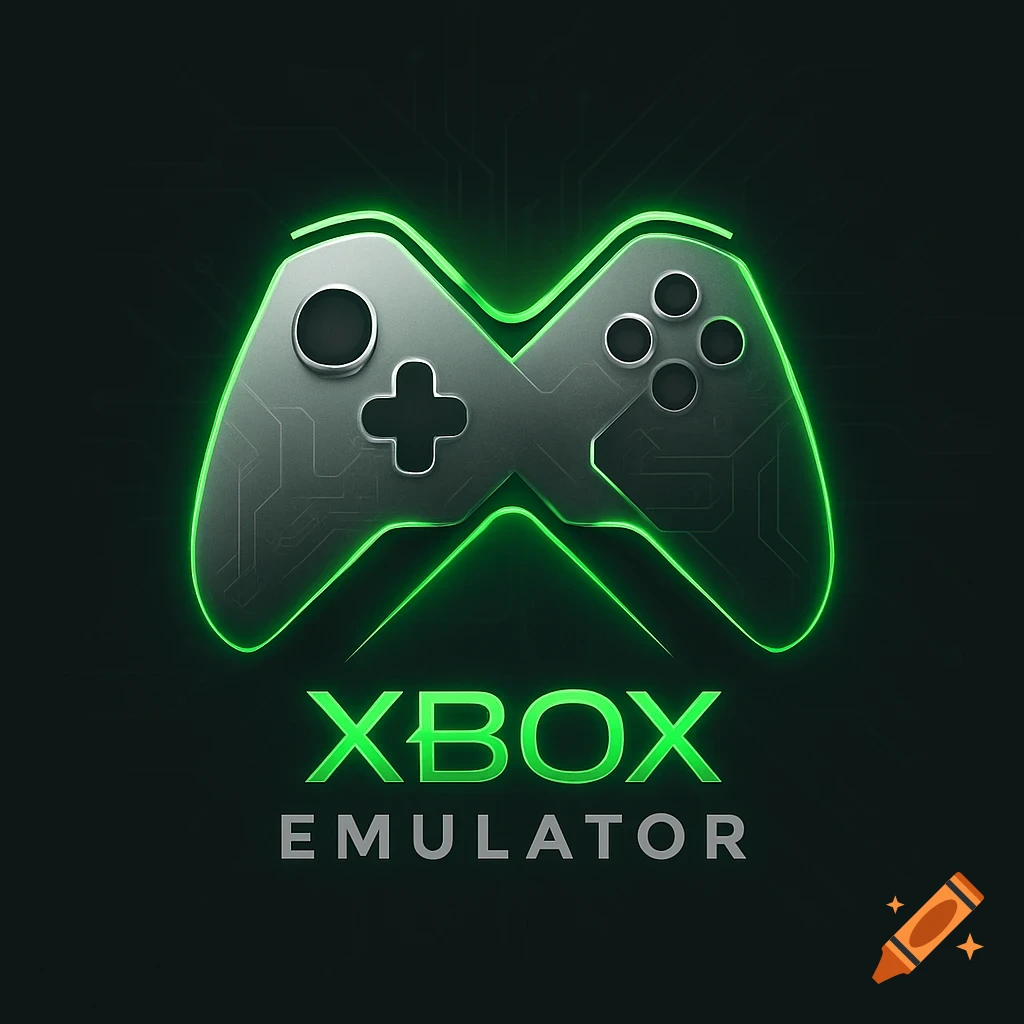 A green glowing Xbox controller logo with 'XBOX EMULATOR' text on a dark background.