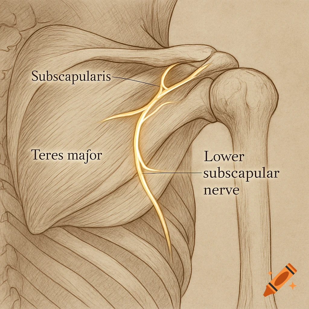 Detailed anatomical drawing of the lower subscapular nerve, subscapularis, and teres major muscles in the human shoulder.