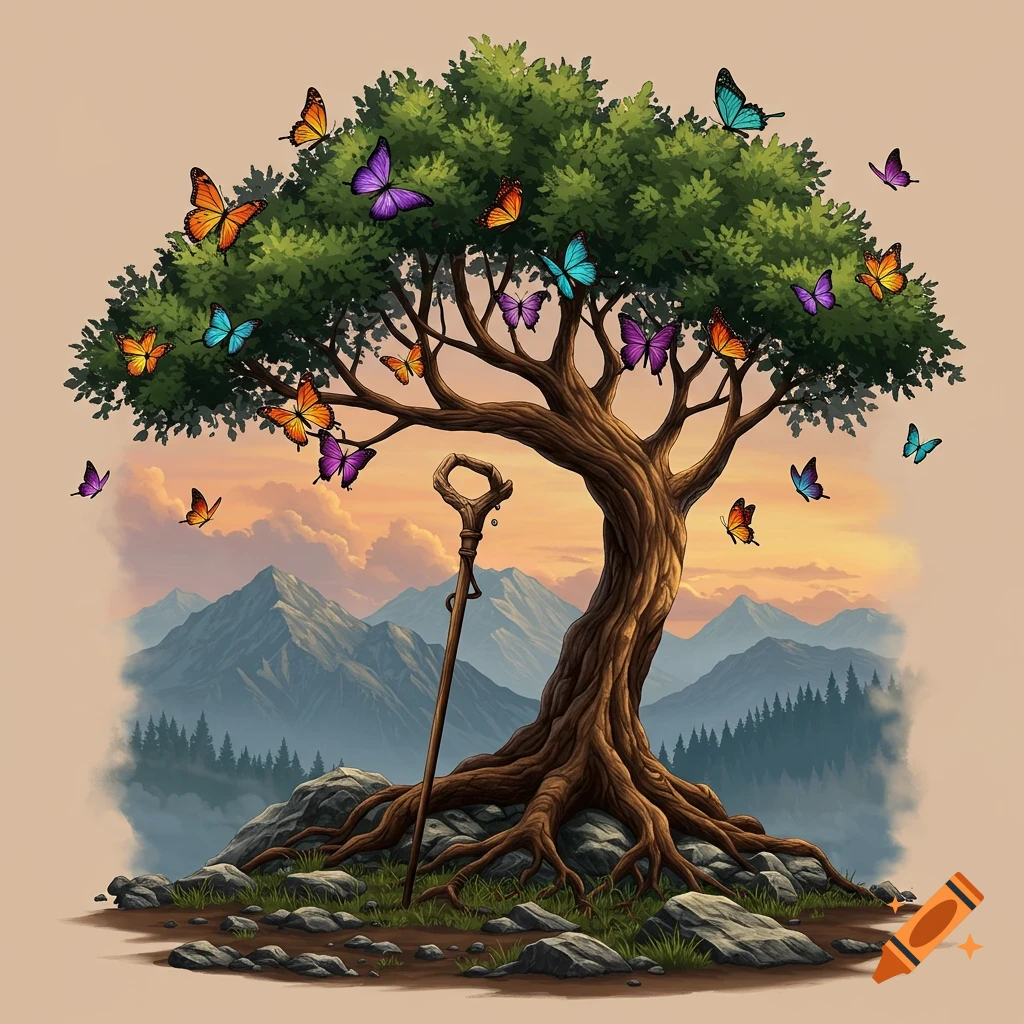A stylized illustration of a tree with colorful butterflies, a walking stick, and mountains with a sunset sky.