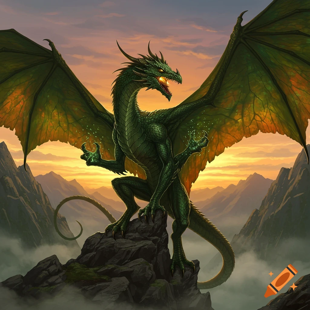 A majestic deep emerald green dragon with large wings sits on a mountain peak at sunset, glowing particles in its claws.