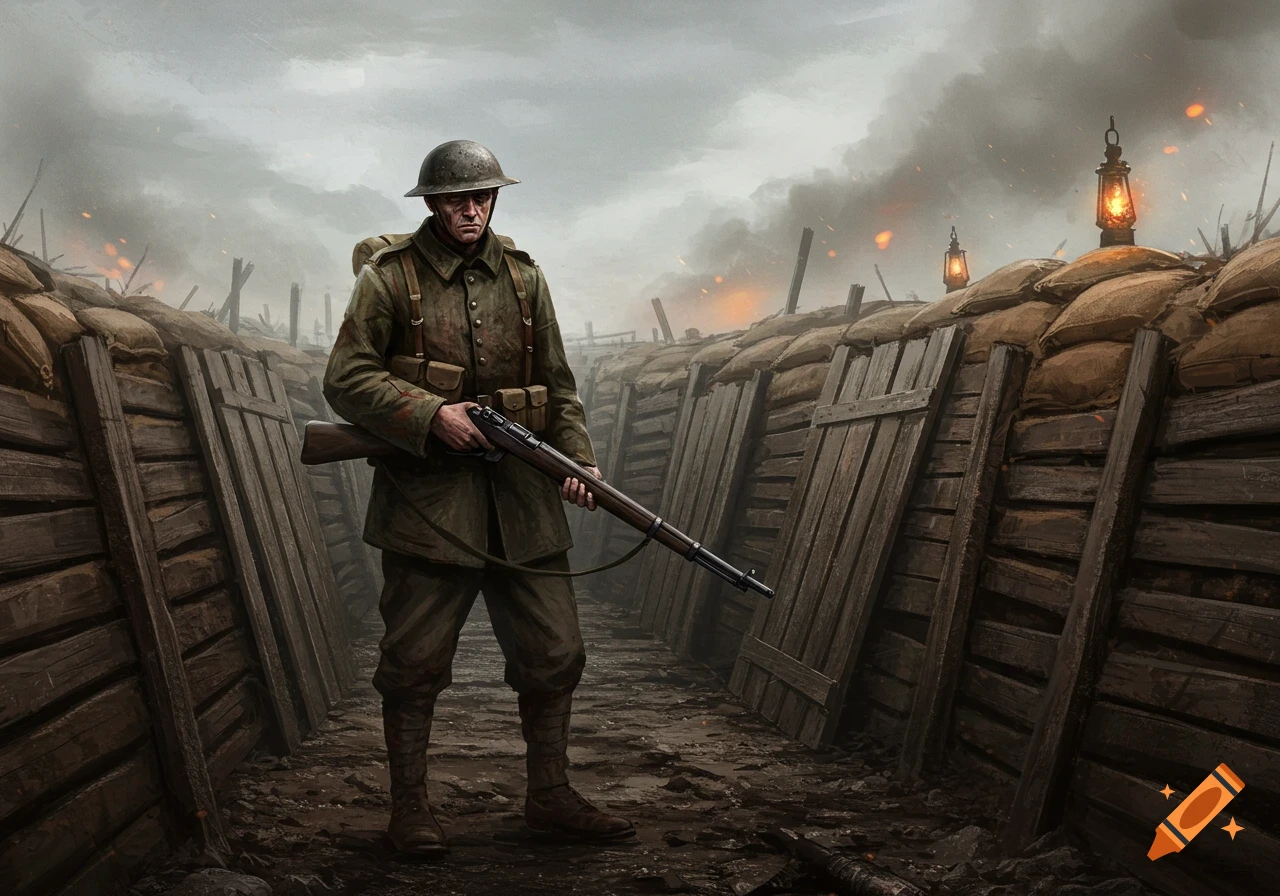 A soldier in a World War I uniform stands in a muddy trench, holding a rifle, with smoke and lanterns in the background.