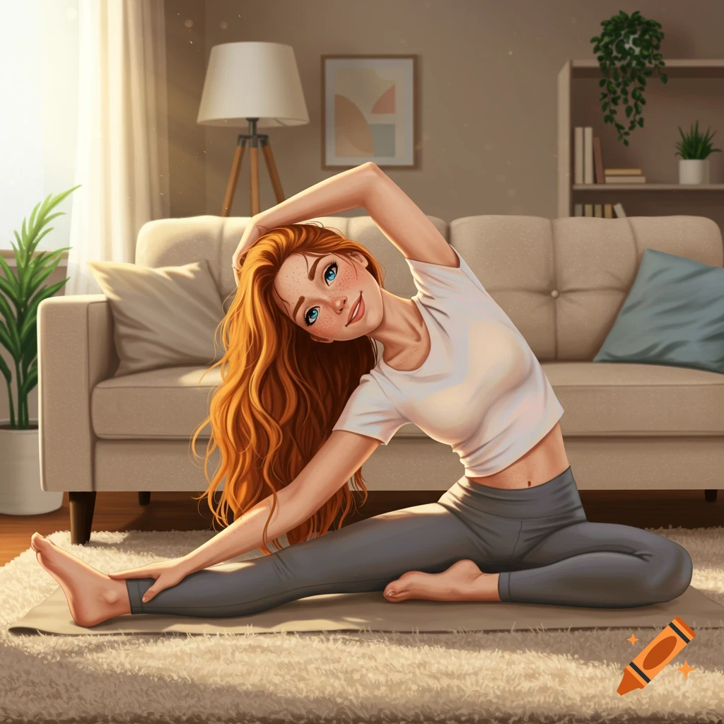 Digital art of a smiling redhead woman doing a side stretch on a yoga mat in a cozy living room.