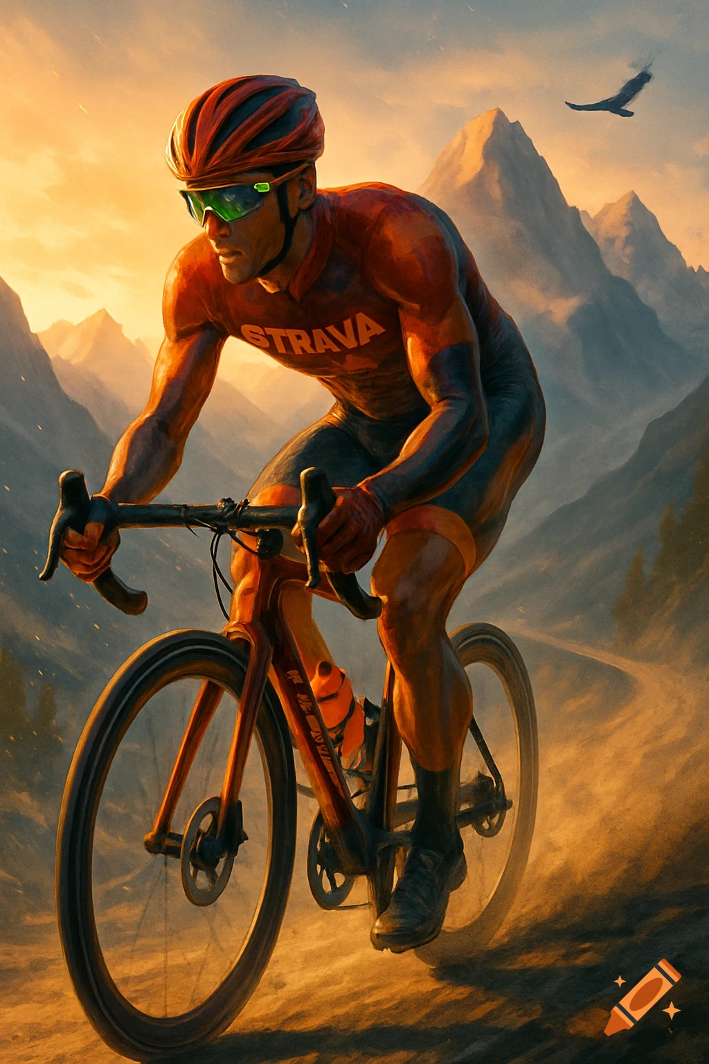 A male cyclist wearing a red 'STRAVA' jersey rides a bike up a dusty mountain road at sunset. Digital art.