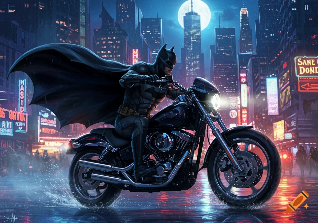 Batman rides a motorcycle through a neon-lit, rainy city street at night under a full moon, in a comic book art style.