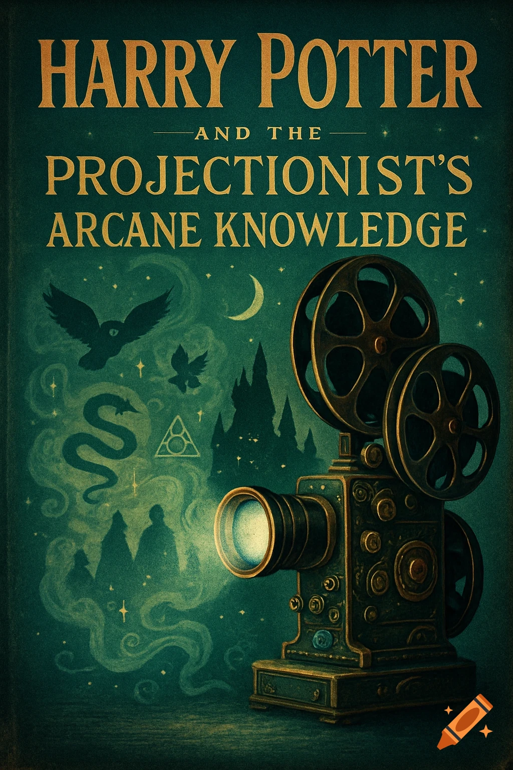 A vintage-style book cover for 'Harry Potter and the Projectionist's Arcane Knowledge,' featuring an old film projector and magical elements like a castle, an owl, and a snake.