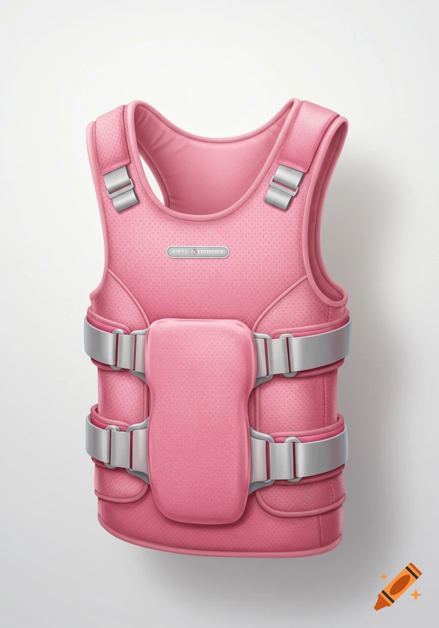 A photorealistic depiction of a pink cystic fibrosis vest with silver buckles and a small silver label with text.