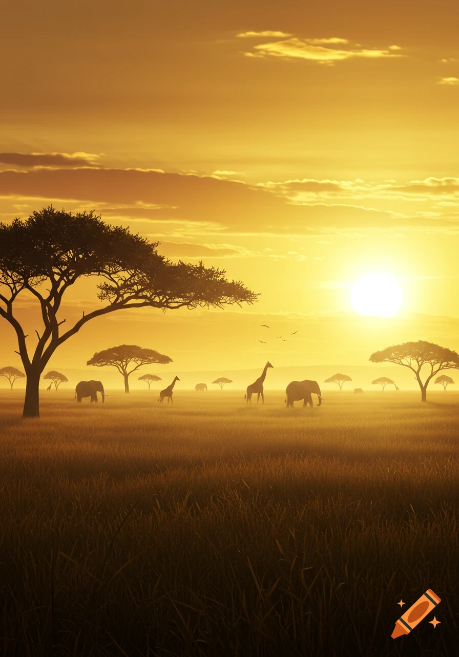 Photorealistic image of an African savanna at sunset, with silhouetted acacia trees, elephants, and giraffes amidst a golden sky and misty grassland.