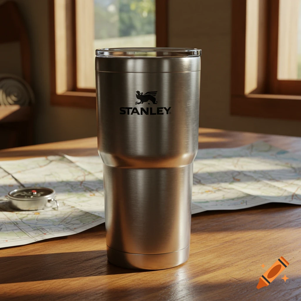 A stainless steel Stanley tumbler with a black logo sits on a wooden table next to a map and compass, lit by sunlight from a window.