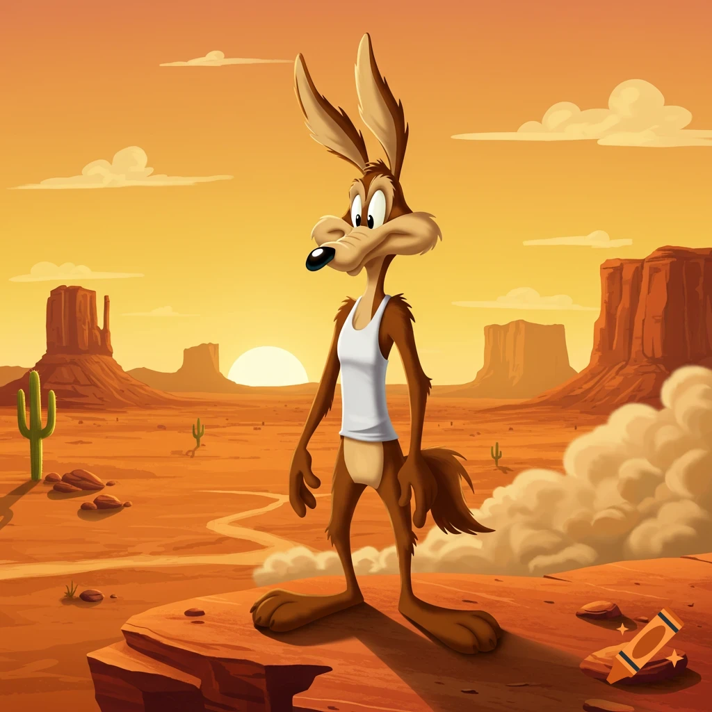 A brown cartoon coyote wearing a white tank top stands on a rock in a vast desert landscape with mesas and a sunset.