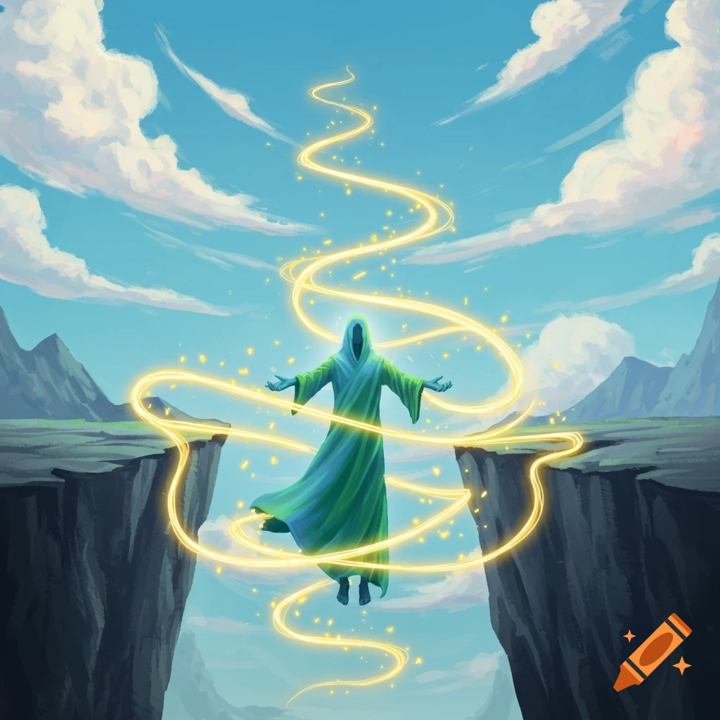 A robed, hooded figure floats between dark cliffs under a blue sky, surrounded by swirling yellow energy.