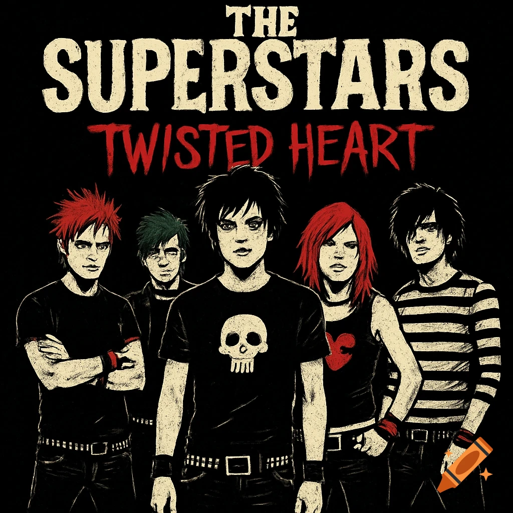 Illustration of a punk rock band with five members and album title 'The Superstars Twisted Heart' against a black background.