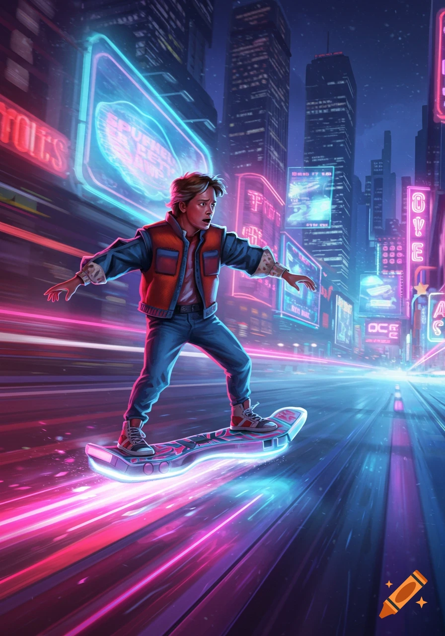 Marty McFly rides a glowing hoverboard through a neon-lit cyberpunk city at night, with skyscrapers in the background.
