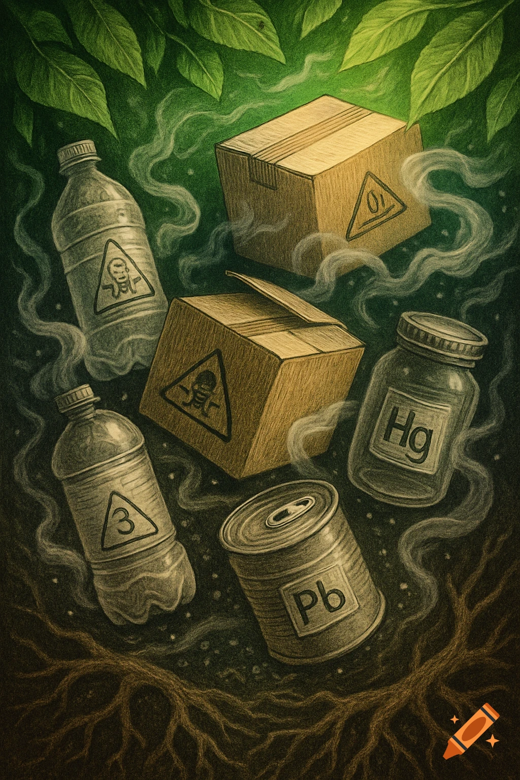 Textured illustration of hazardous packaging waste including bottles, boxes, a jar, and a can with warning symbols, surrounded by leaves and roots.