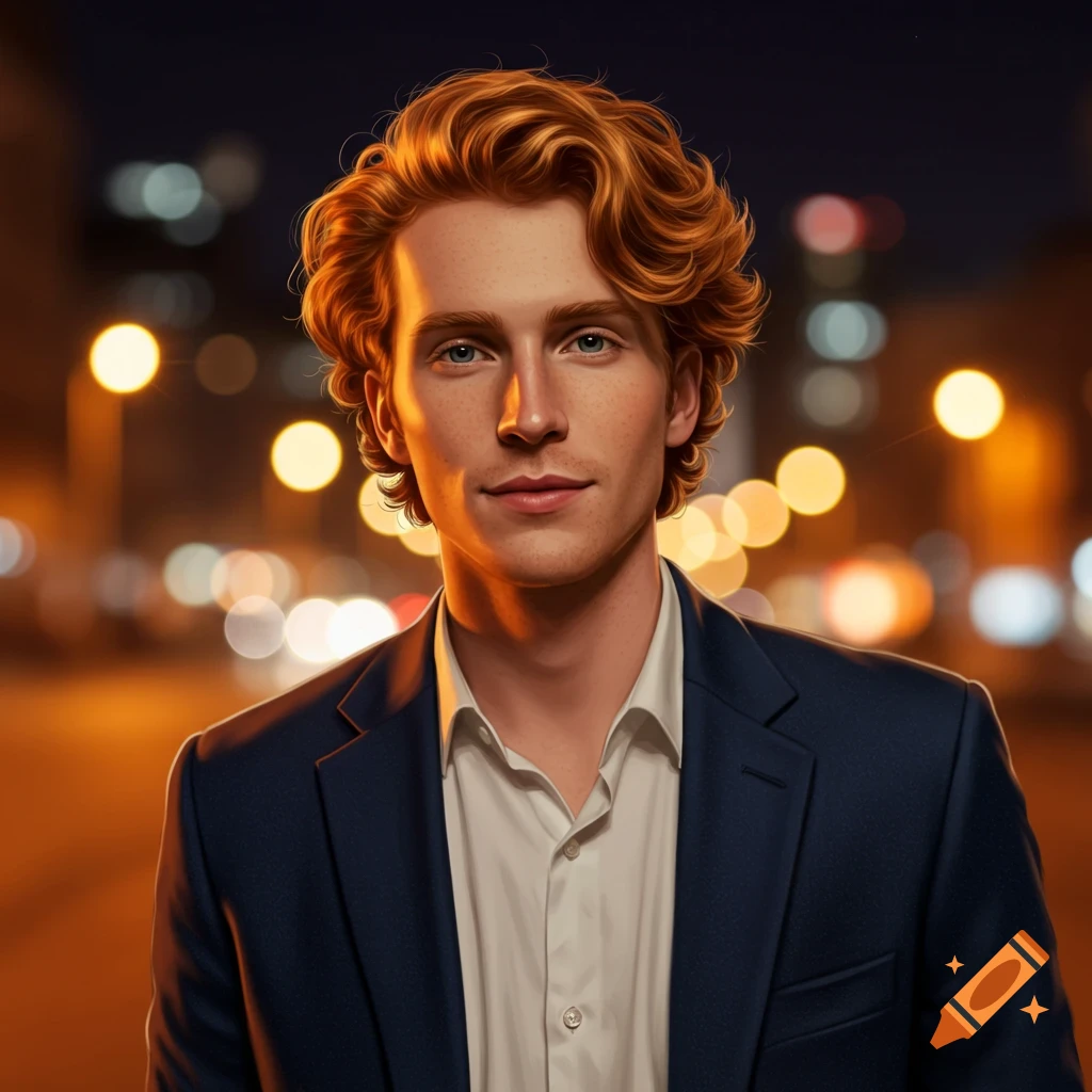 Photorealistic portrait of a young man with curly red hair, wearing a suit, against a blurred city night background.