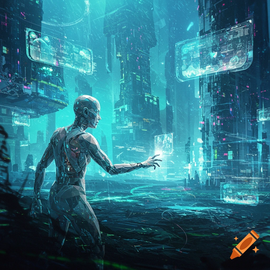 Sleek cyborg interacting with glowing holographic screens in a vibrant, futuristic cyberpunk city.