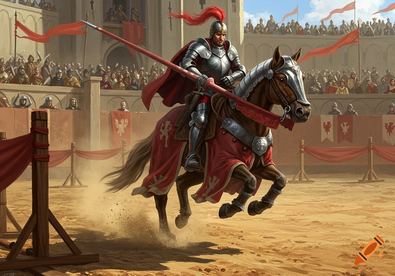 A knight in shining armor on a red-barded horse, holding a lance, charges through a sandy jousting arena with spectators in the background.