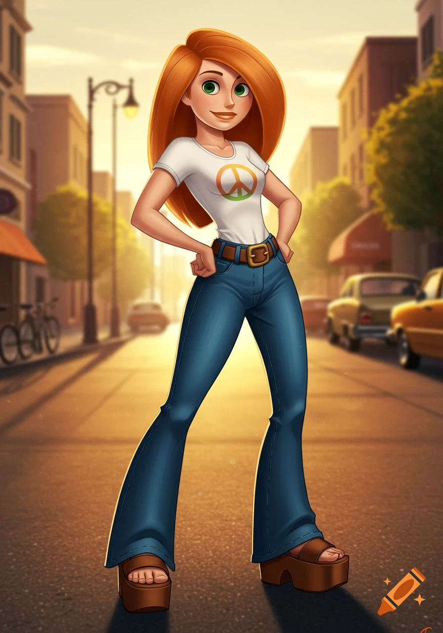 Stylized illustration of Kim Possible in a white t-shirt with a peace symbol, bell-bottom jeans, and platform sandals on a city street.