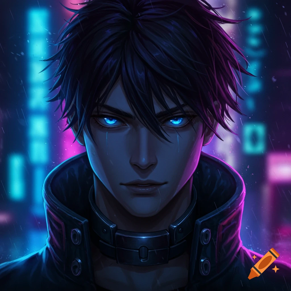 Close-up of a young anime man with black spiky hair and glowing blue eyes, wearing a dark jacket with a collar, in a neon-lit cyberpunk city.