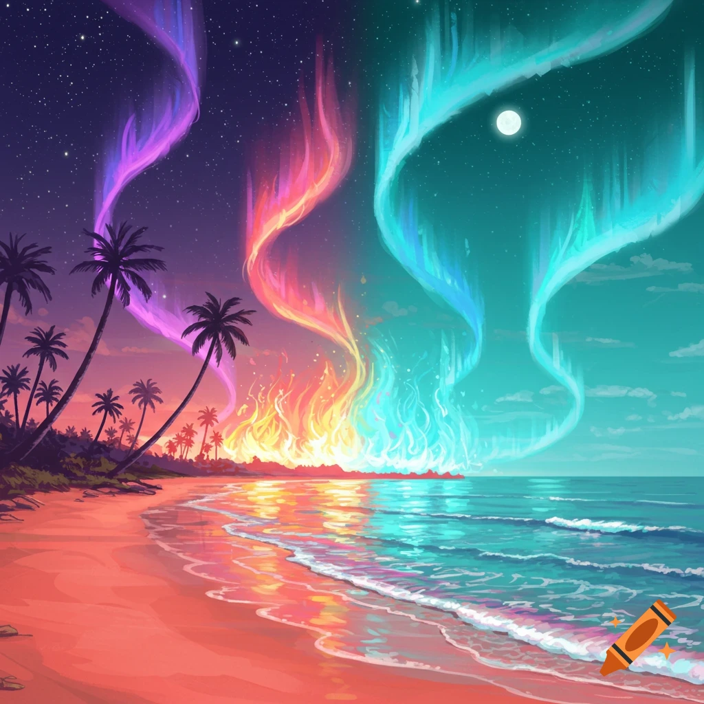 Vibrant, stylized tropical beach at night with palm trees, a colorful ocean, and aurora-like flames filling the sky.