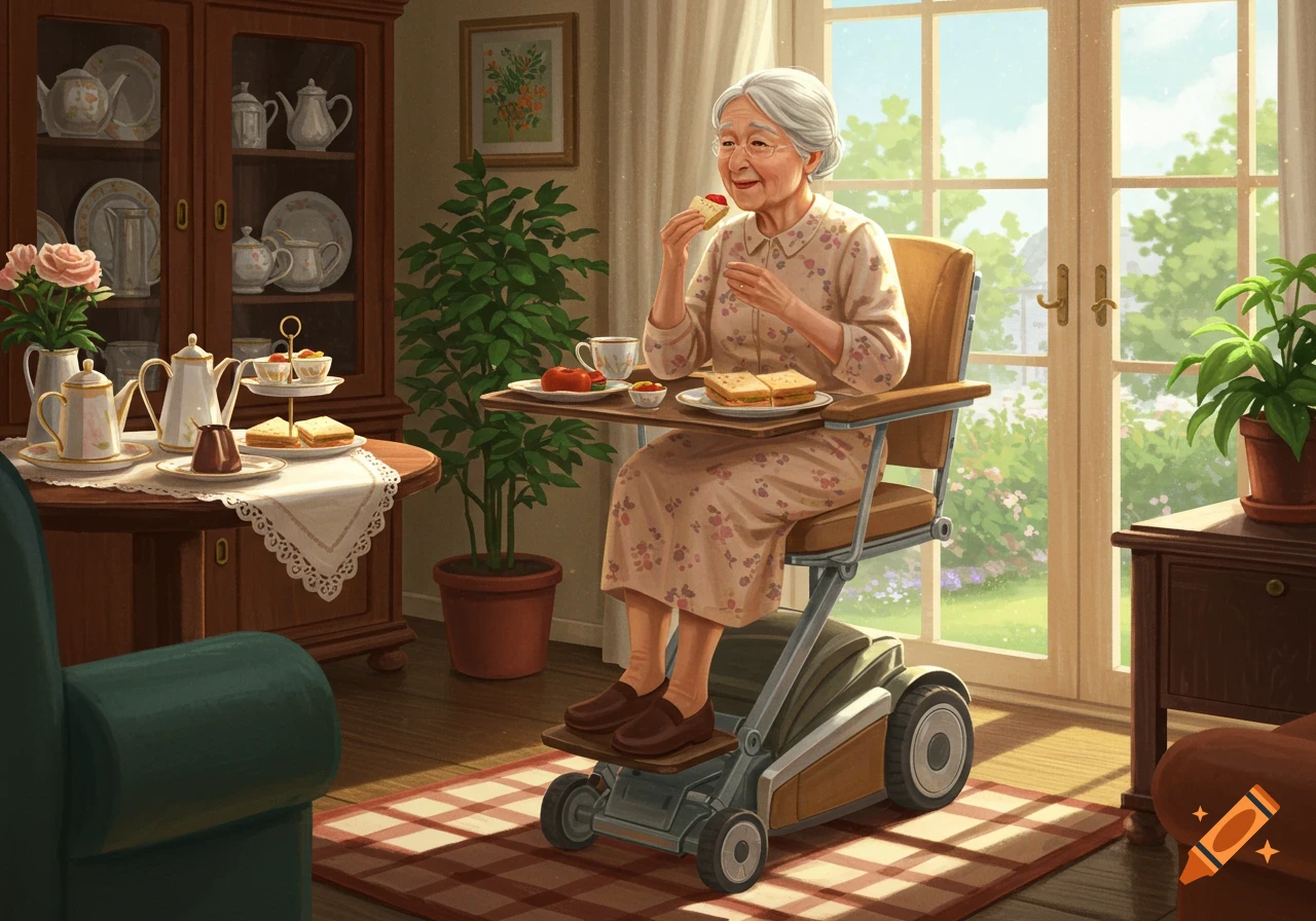 An old lady with white hair and glasses sits in a motorized chair with a tray, eating lunch by a window, surrounded by plants and furniture.