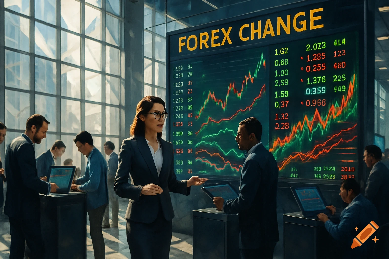 A diverse group of professionals in suits in a modern financial office with a large screen displaying "FOREX CHANGE" and market data.