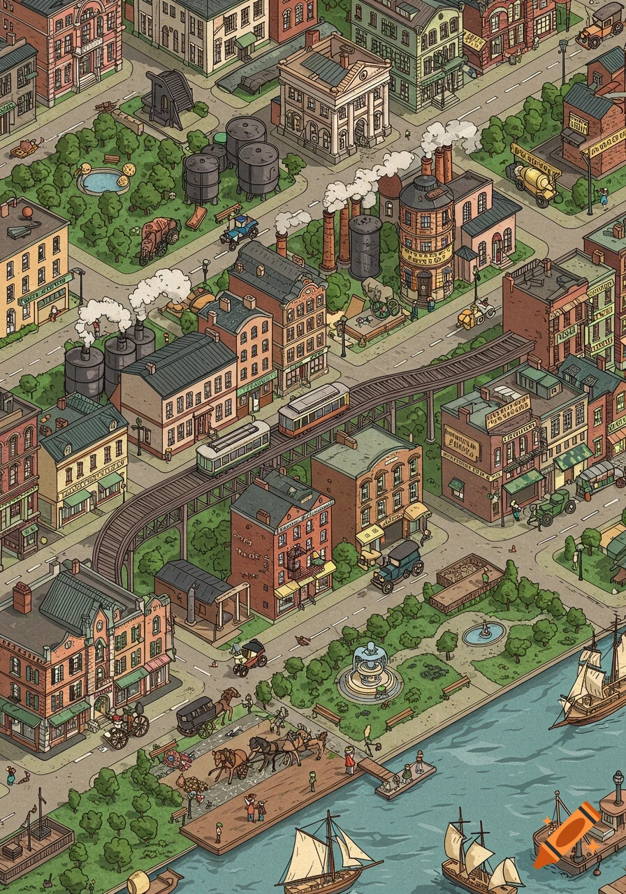 An isometric cartoon city map of New York City in 1900, with crowded tenements, factories, elevated train, park, docks, ships, horse carriages, and early cars.