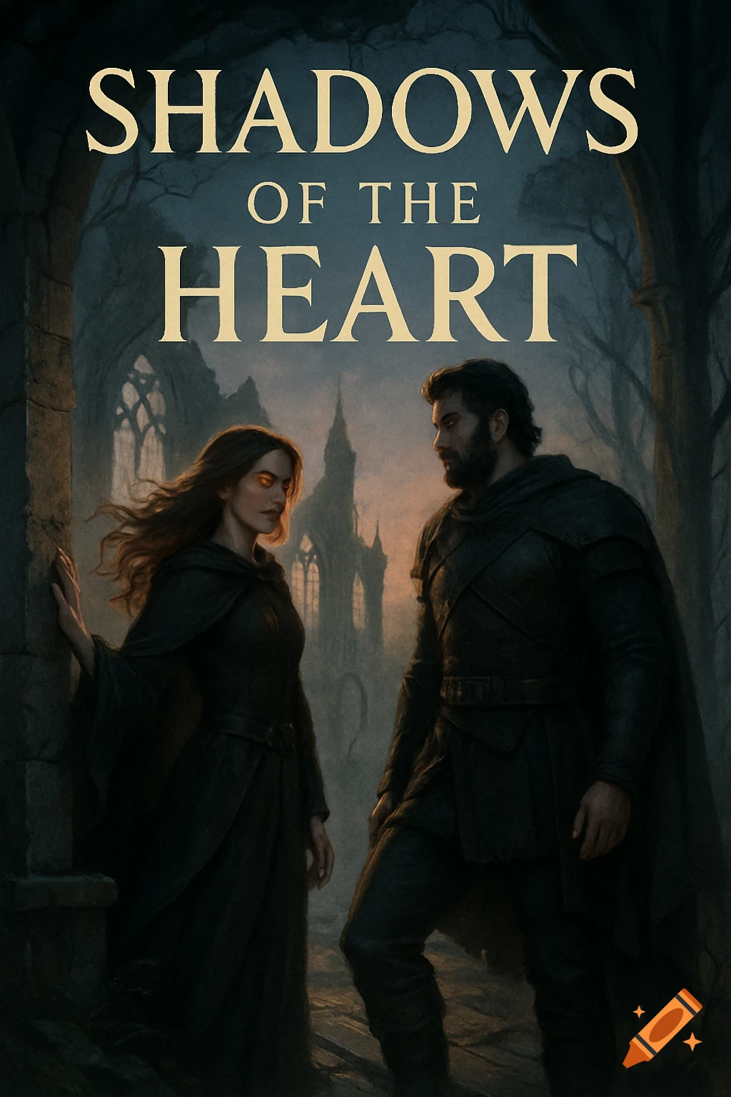 A man and a woman in dark cloaks stand before gothic ruins and a dark forest. Text: Shadows of the Heart.
