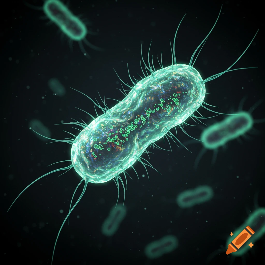 Detailed glowing green bacterium with cilia against a dark, blurred background.