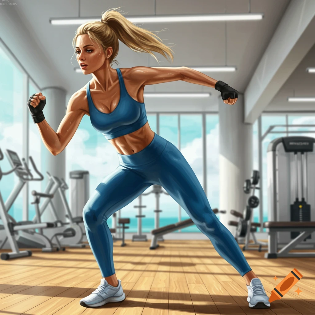 Blonde woman in blue athletic wear posing during a workout in a modern gym with an ocean view. Stylized illustration.