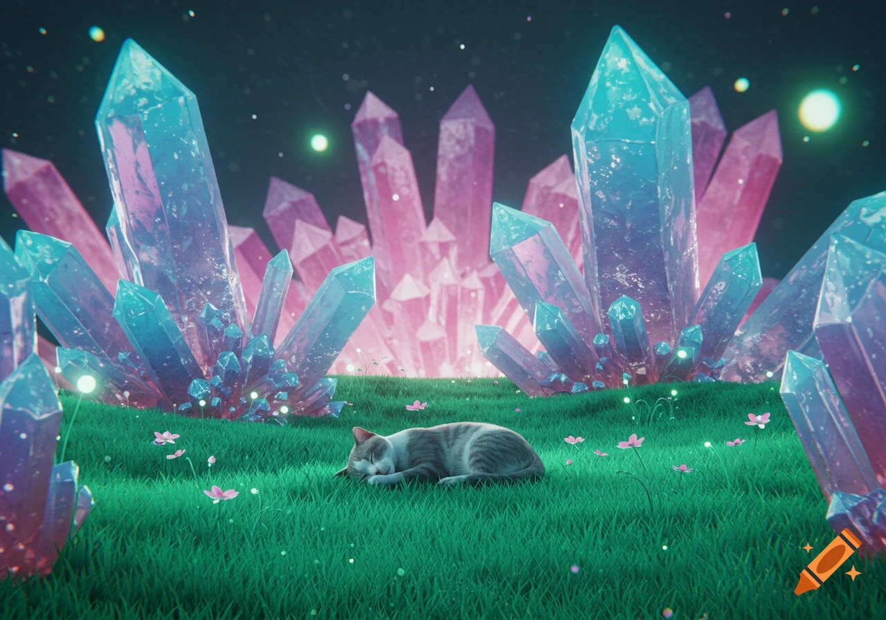 A small tabby cat sleeps peacefully on vibrant green grass amidst giant glowing blue and pink crystals under a starry night sky.