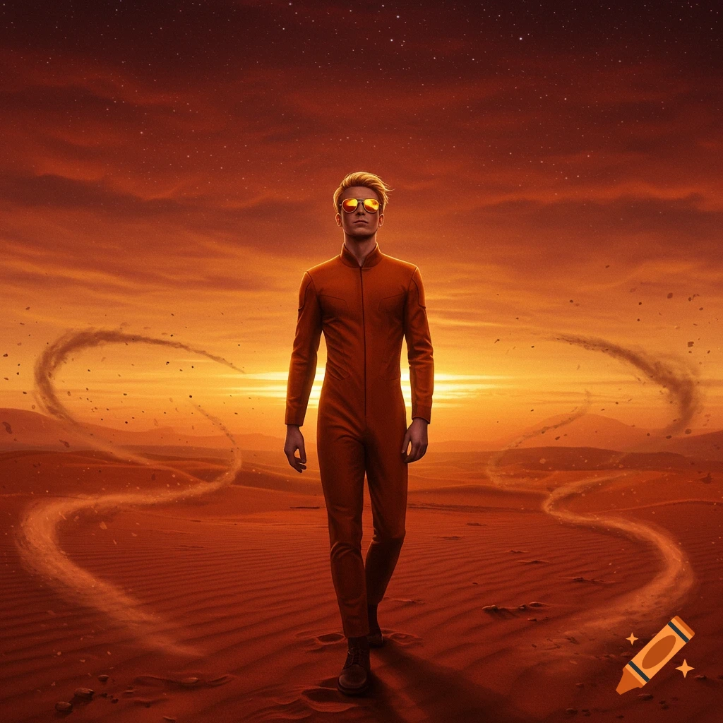 A blonde man in an orange suit and sunglasses walks through a red, dusty desert with swirling trails at sunset.