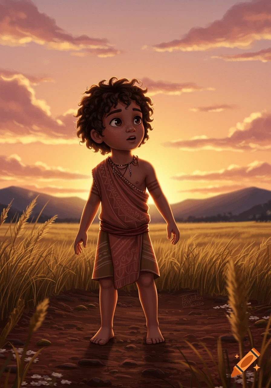An illustration of a young boy with curly hair, wearing tribal clothing, standing barefoot in a grassy field at sunset.