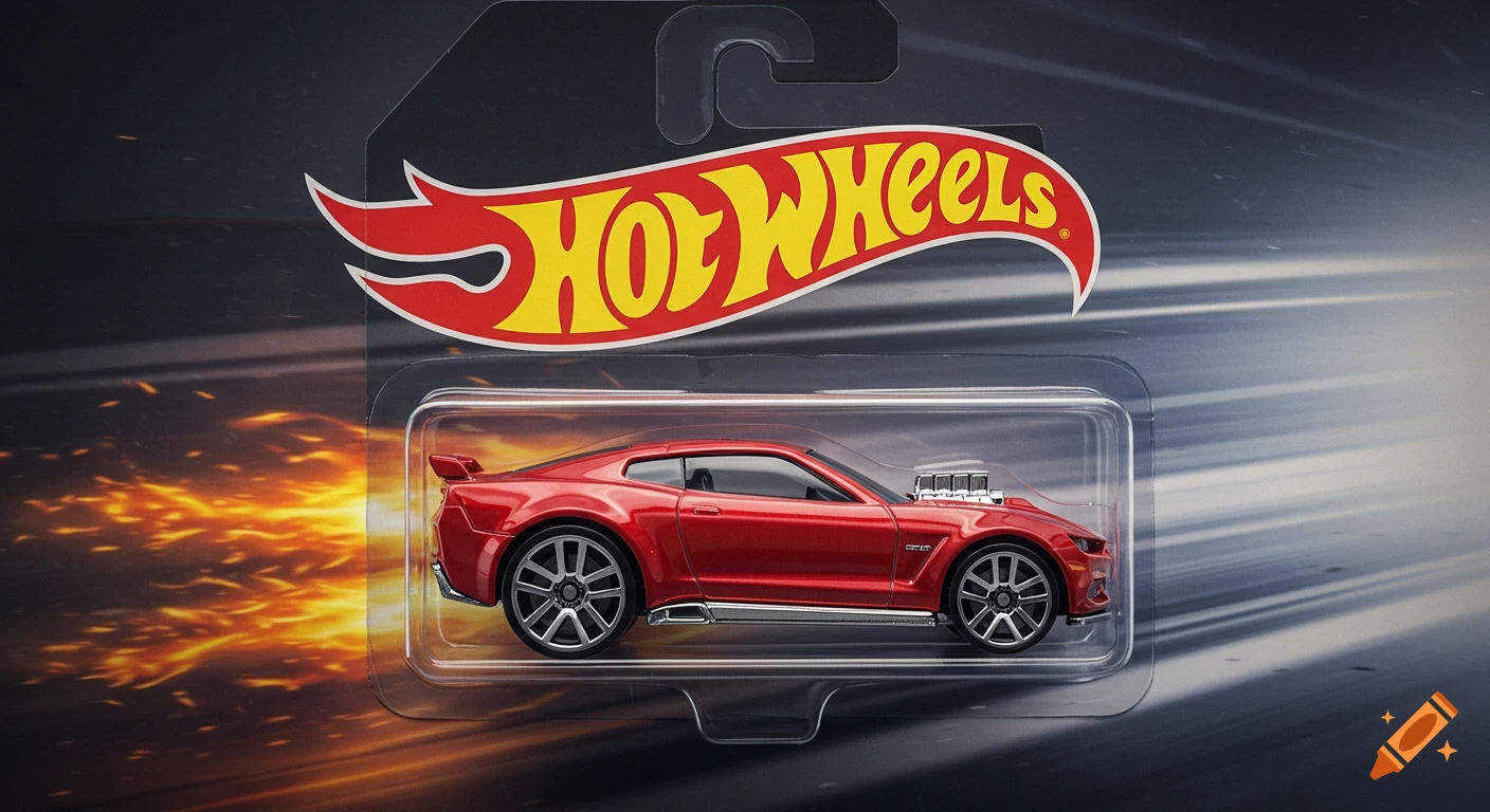 A photorealistic image of a red Hot Wheels toy car in its clear plastic packaging, featuring the Hot Wheels logo on the card.