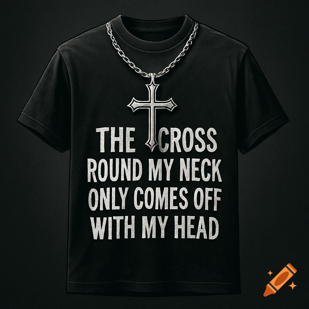 A black t-shirt with a silver cross necklace and white text reading 'THE CROSS ROUND MY NECK ONLY COMES OFF WITH MY HEAD'.