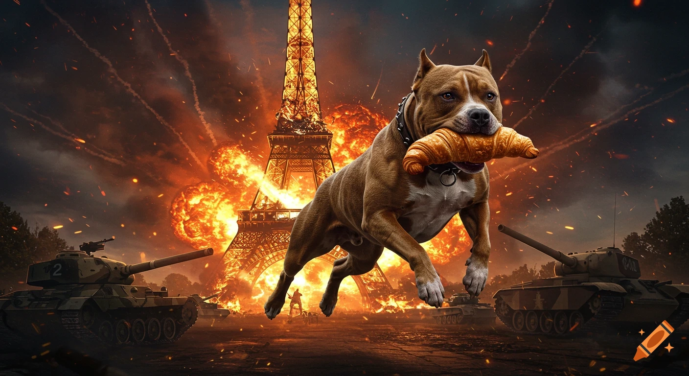 Photorealistic American Bully leaping with a croissant in its mouth, against an exploding Eiffel Tower and tanks on a fiery battlefield.