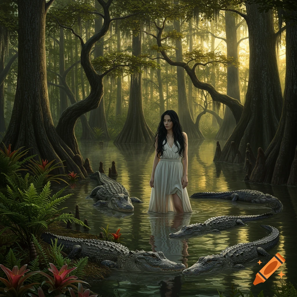 A woman in a white dress stands in a murky swamp, surrounded by alligators and large trees under a glowing sky.