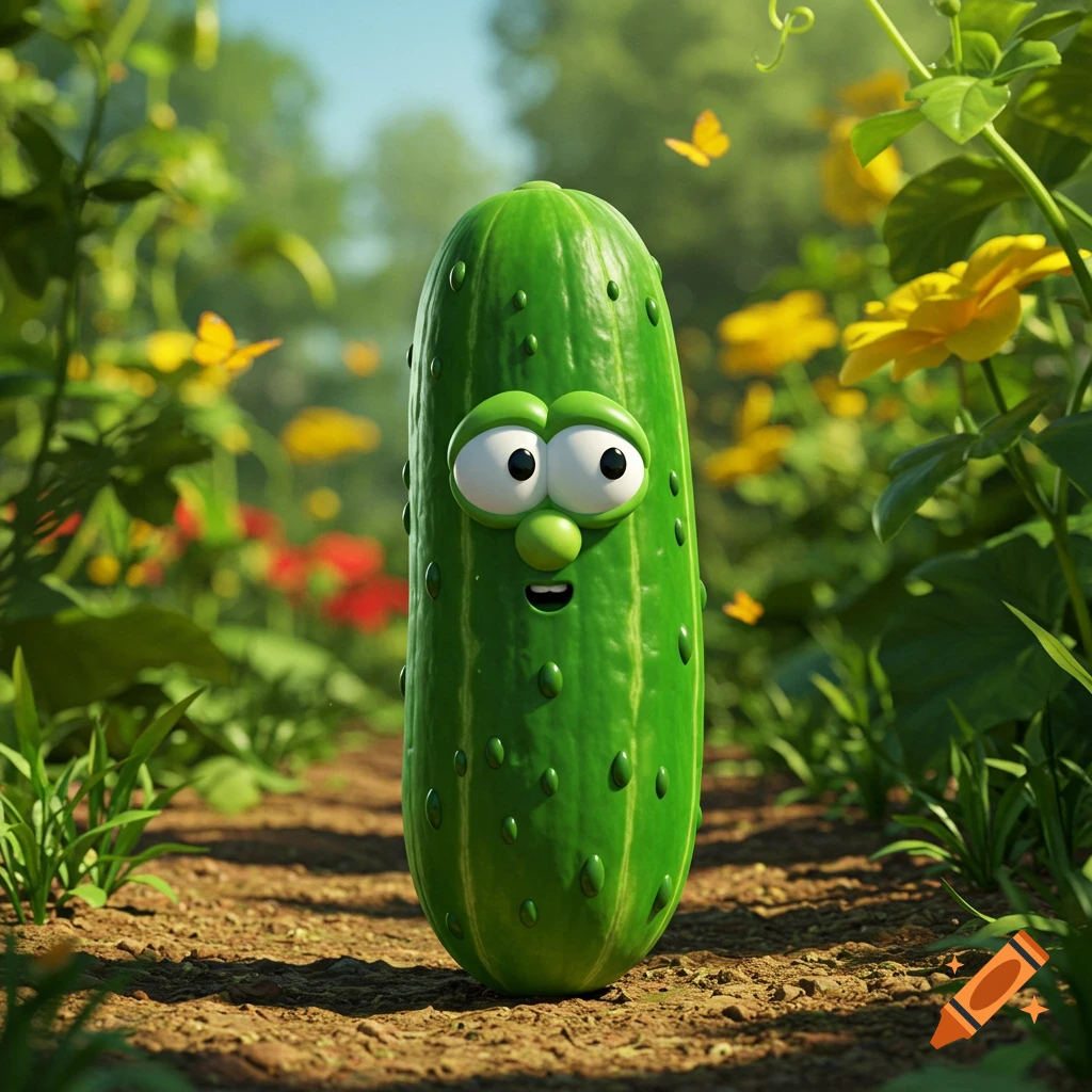 A cartoon pickle character with large eyes and a smile stands on a dirt path in a lush, sunny garden with flowers and butterflies.