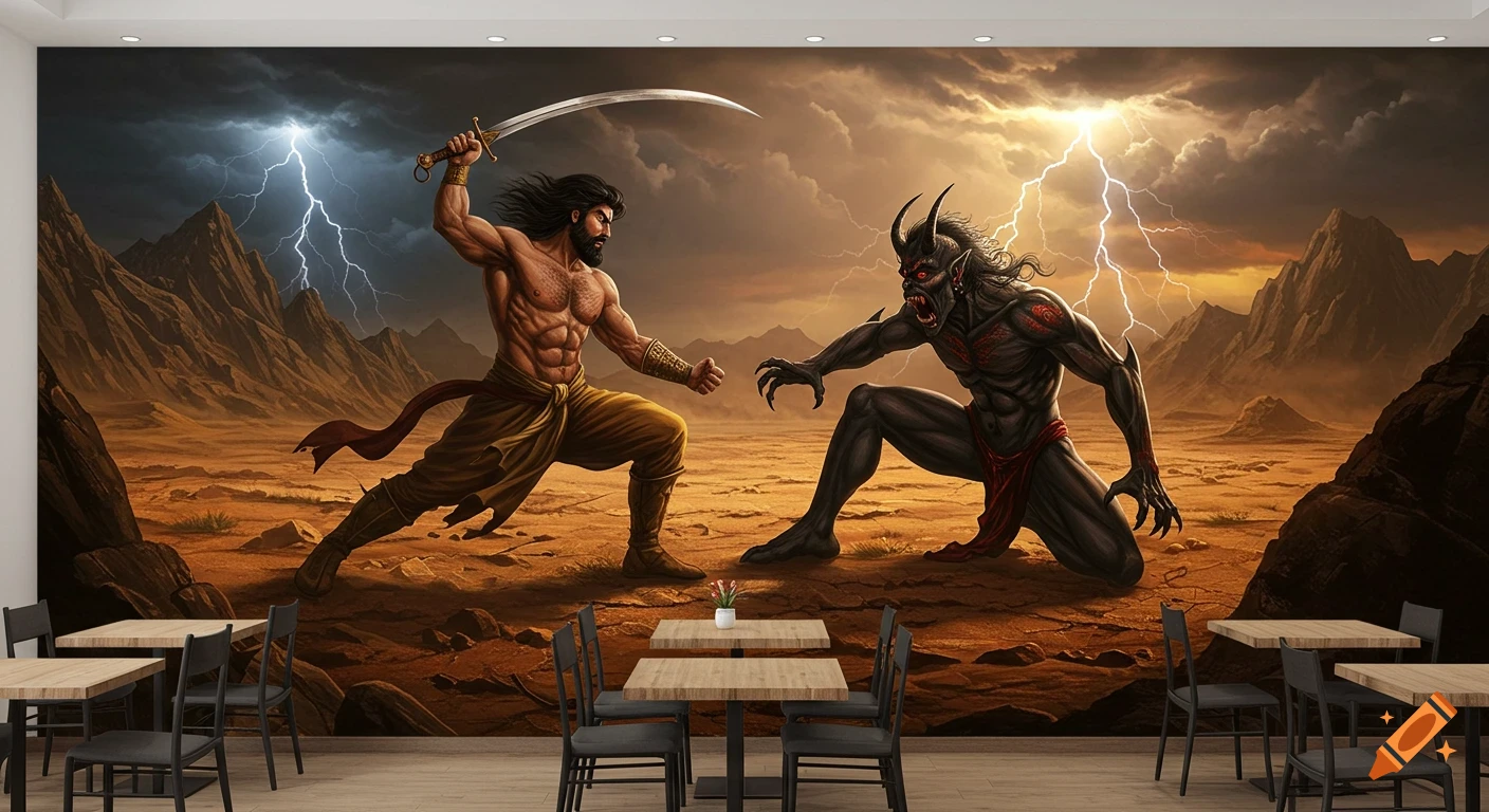 A muscular man with a sword battles a horned demon in a dramatic, stormy desert landscape mural.