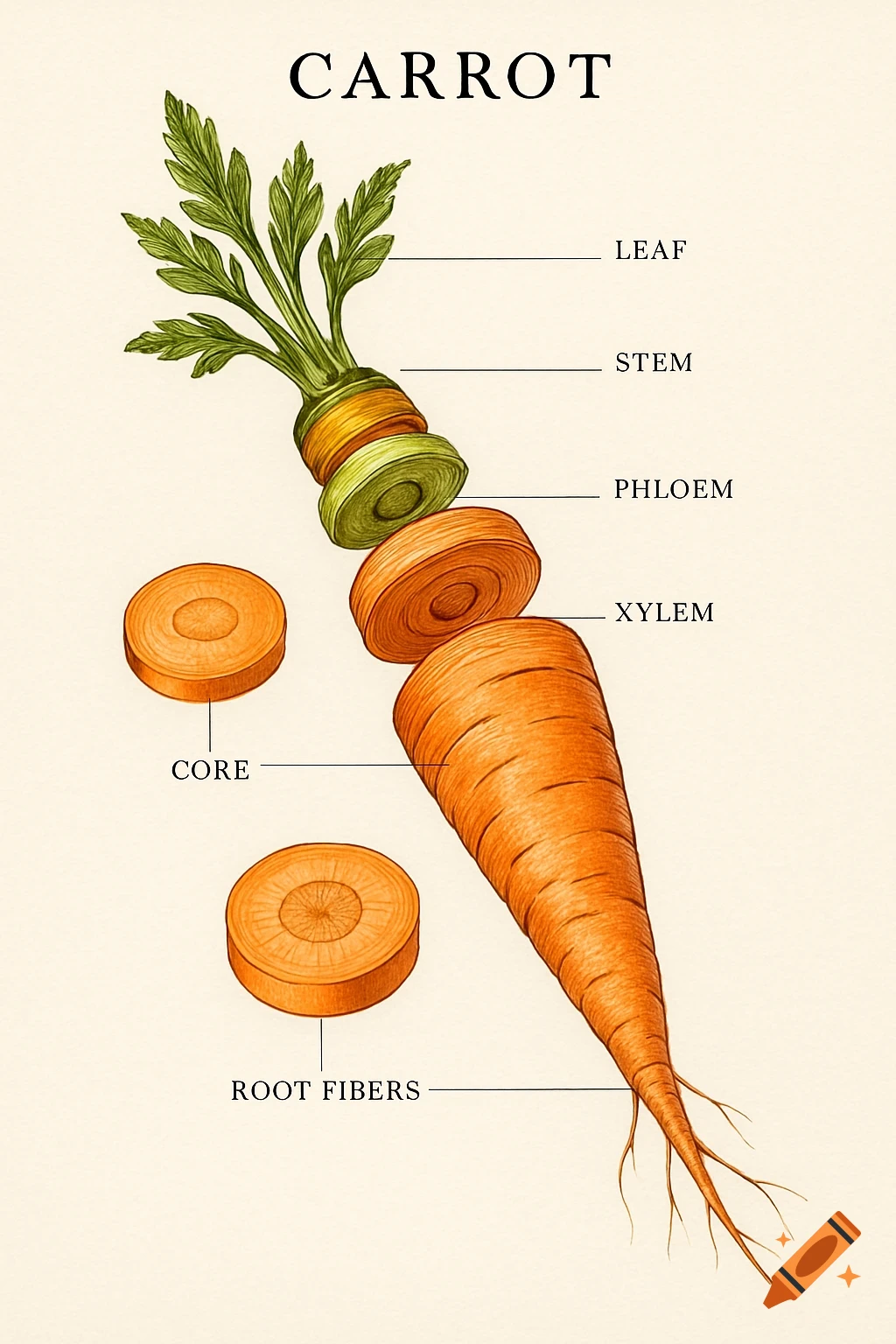Detailed scientific illustration of an exploded view carrot, showing its leaf, stem, phloem, xylem, core, and root fibers.